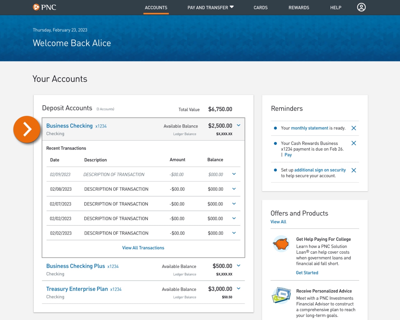 Screenshot of the Accounts landing page