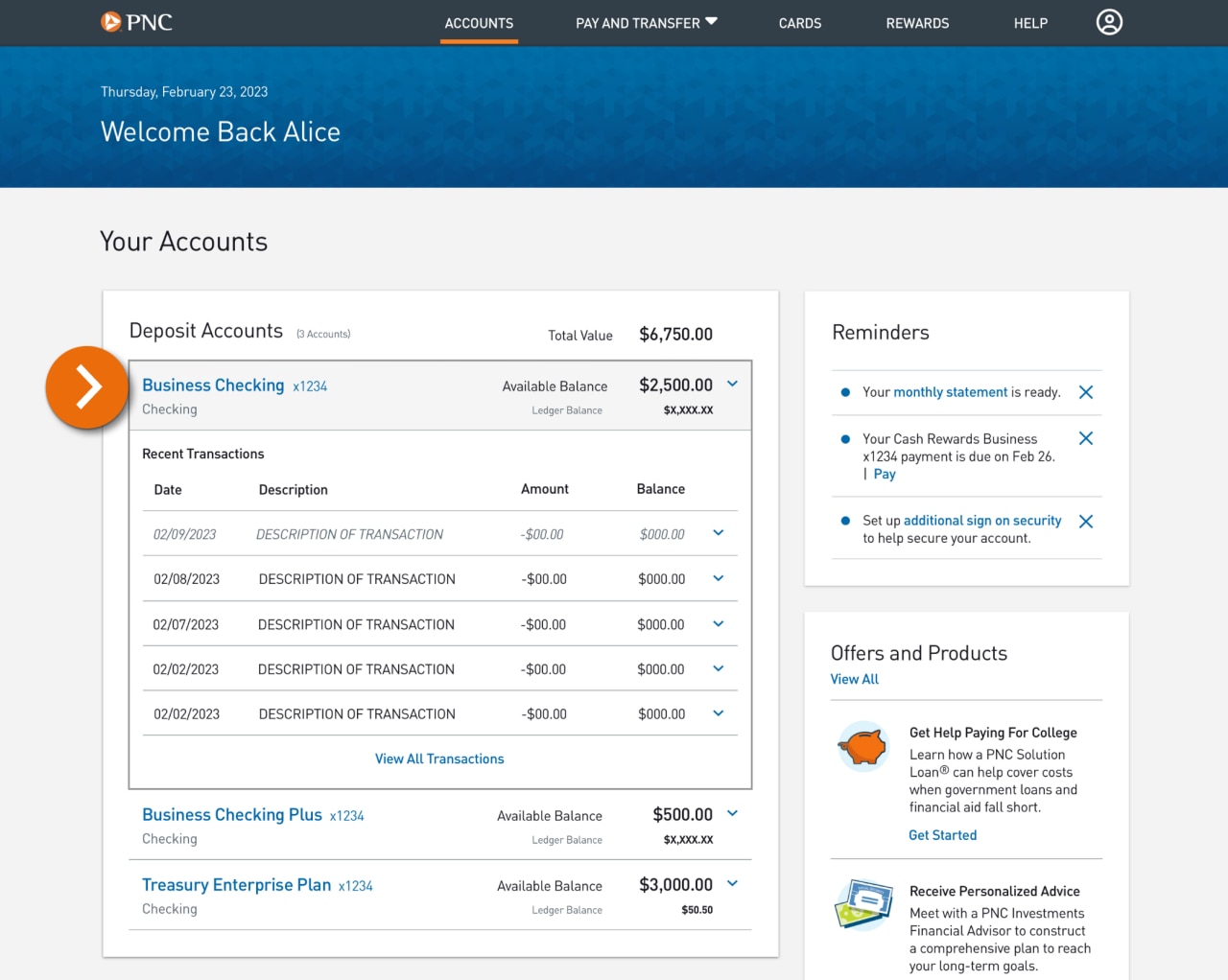 Screenshot of Accounts landing page.