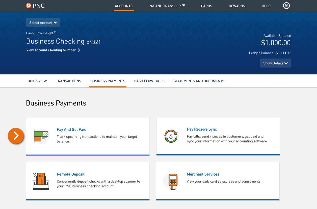 Screenshot of Business Payments page with tiles for Pay and Get Paid, Pay Receive Sync, Remote Deposit and Merchant Services.