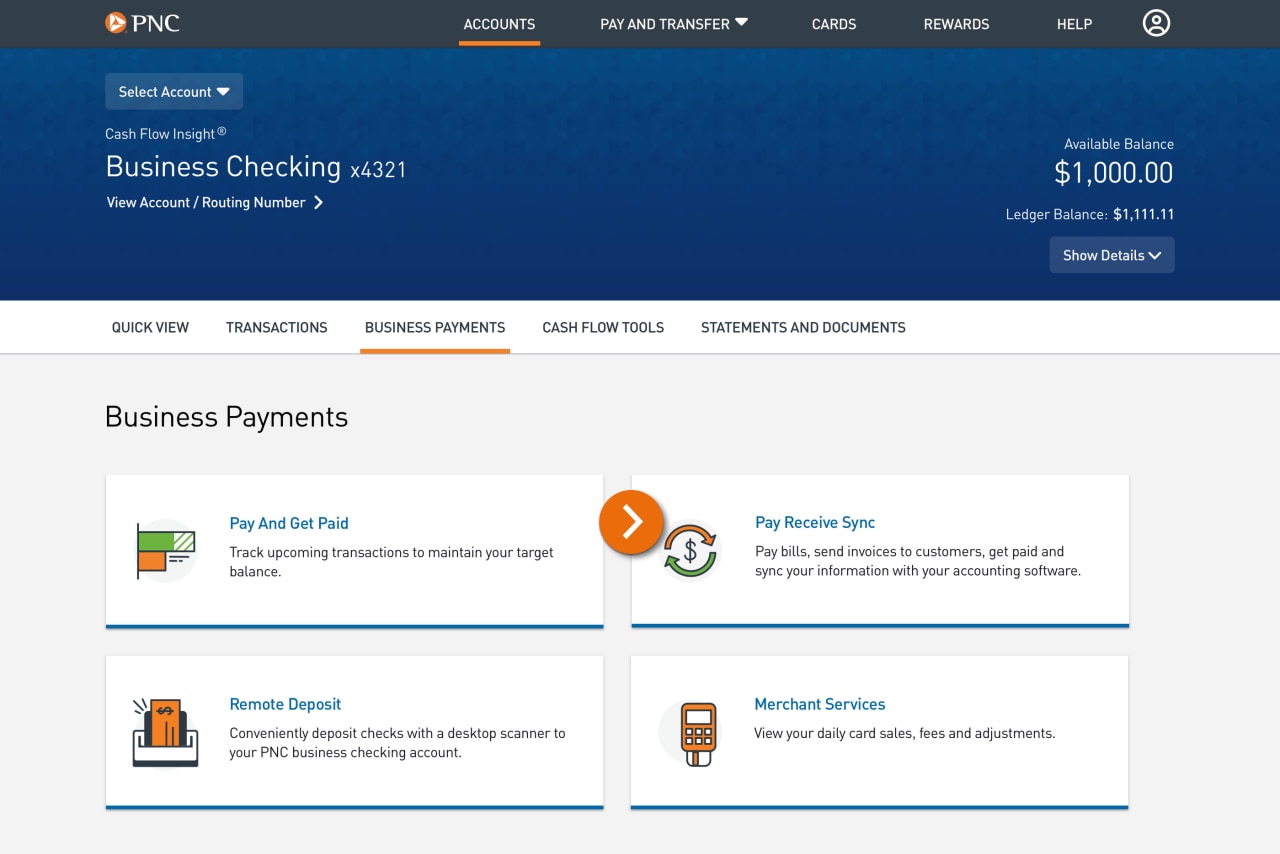 Screenshot of Business Payments page with tiles for Pay and Get Paid, Pay Receive Sync, Remote Deposit and Merchant Services.