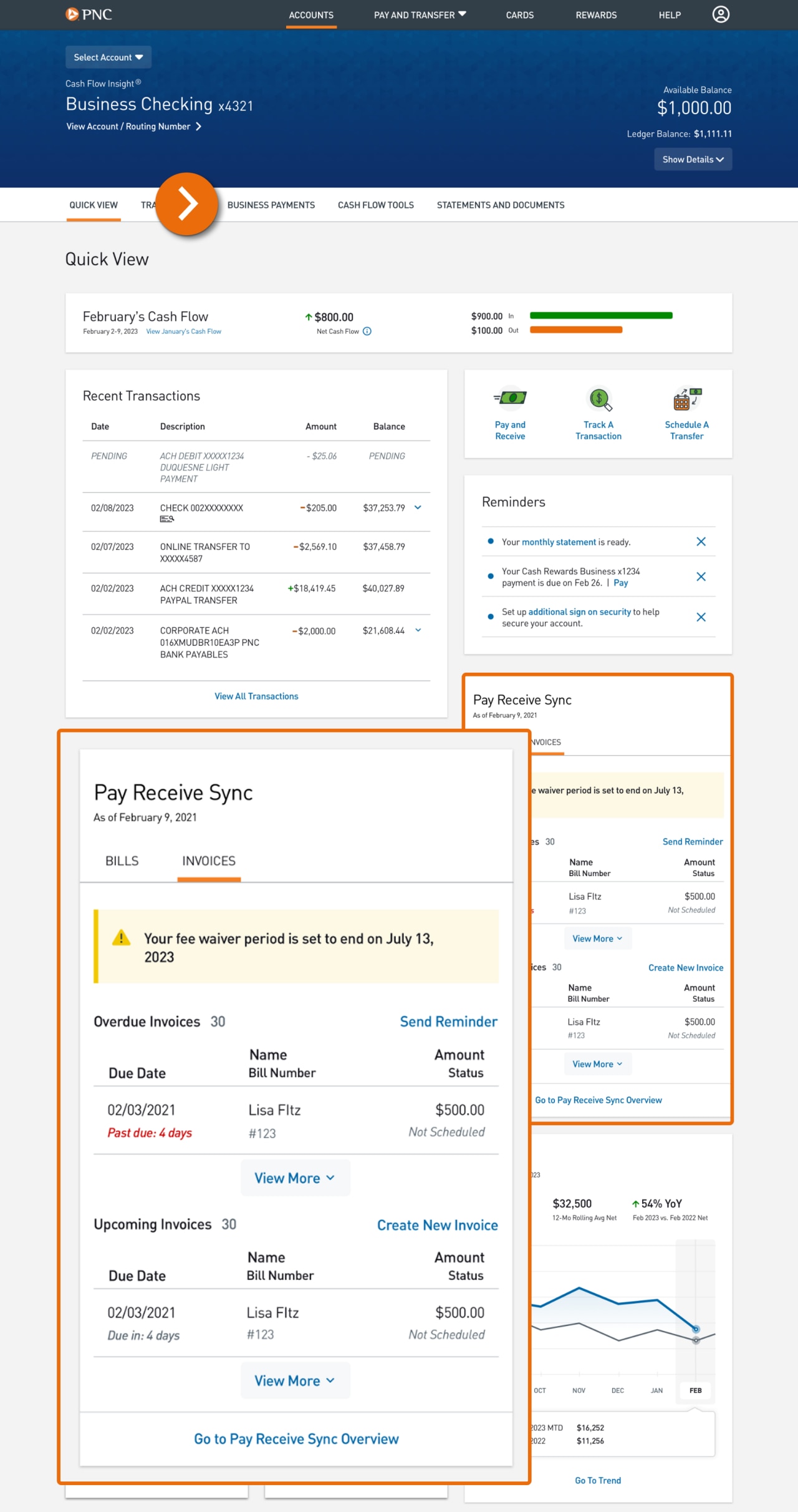 Screenshot of Quick View displaying cash flow with a table and calendar.