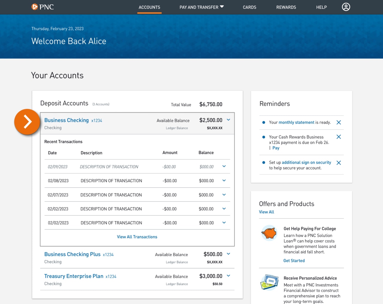 Screenshot of Accounts landing page.