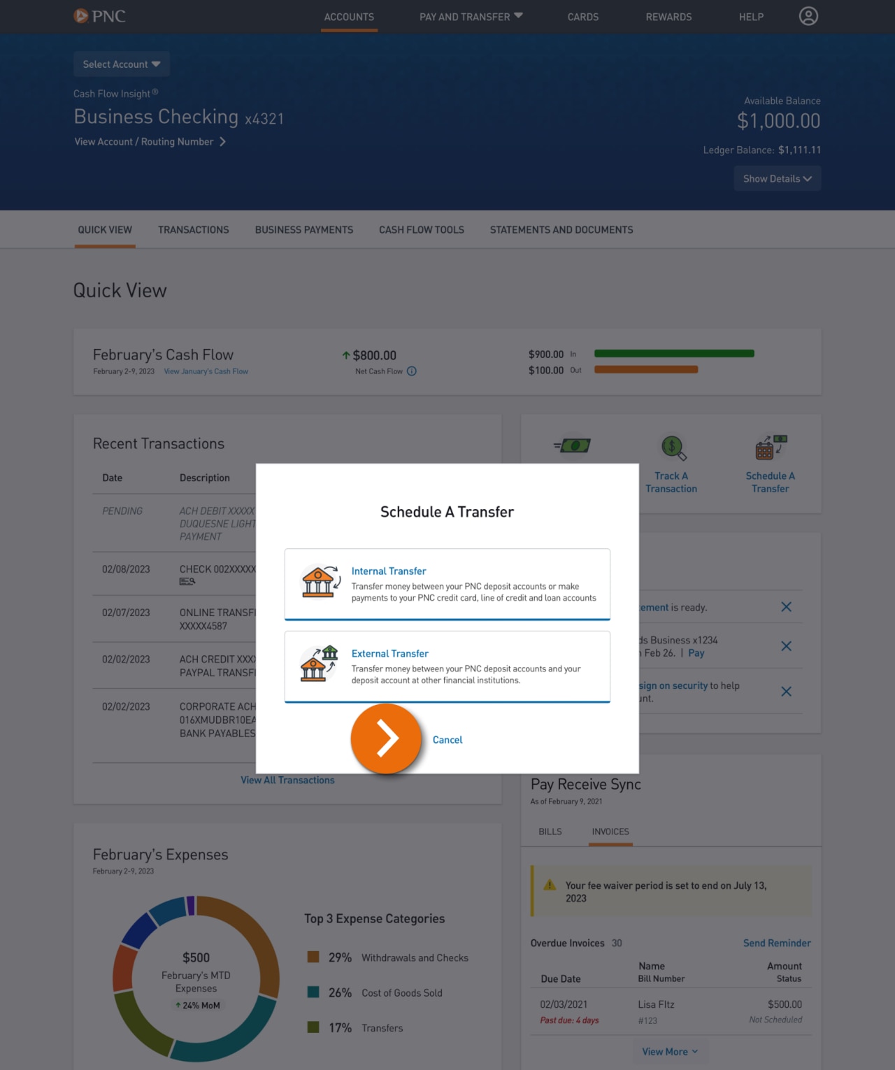 Screenshot of the "Schedule a Transfer" popup.