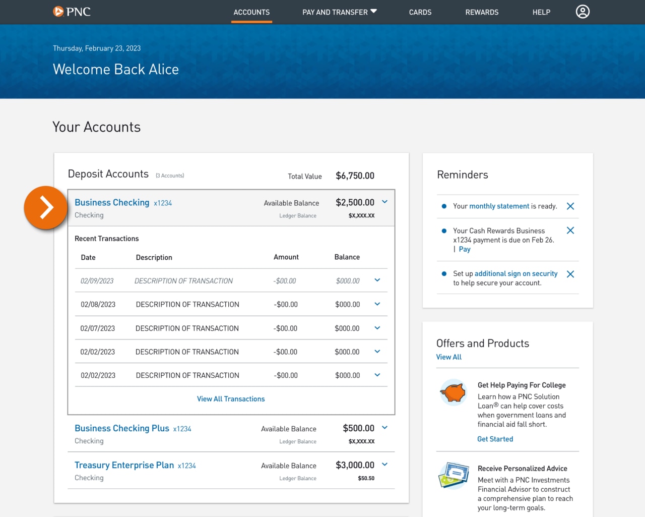 Screenshot of Accounts landing page.