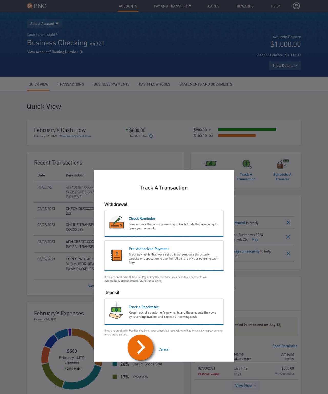 Screenshot of the “Track a Transaction” popup.
