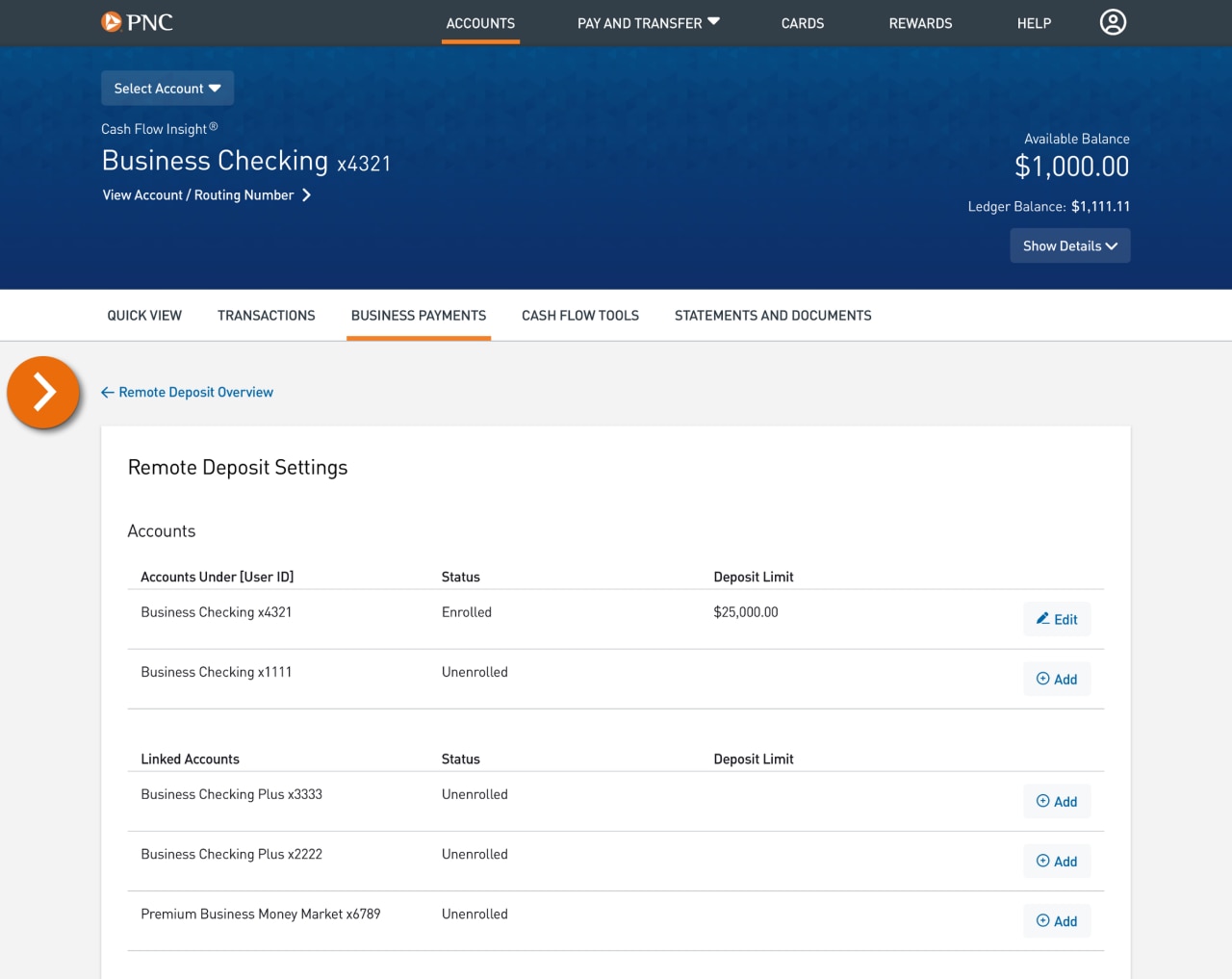 Screenshot of the Remote Deposit Settings page.