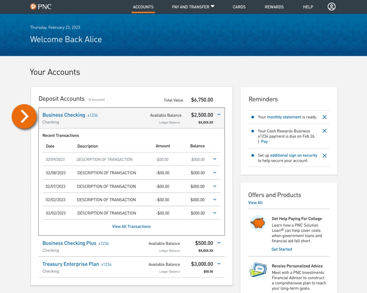 Screenshot of the Accounts Home landing page