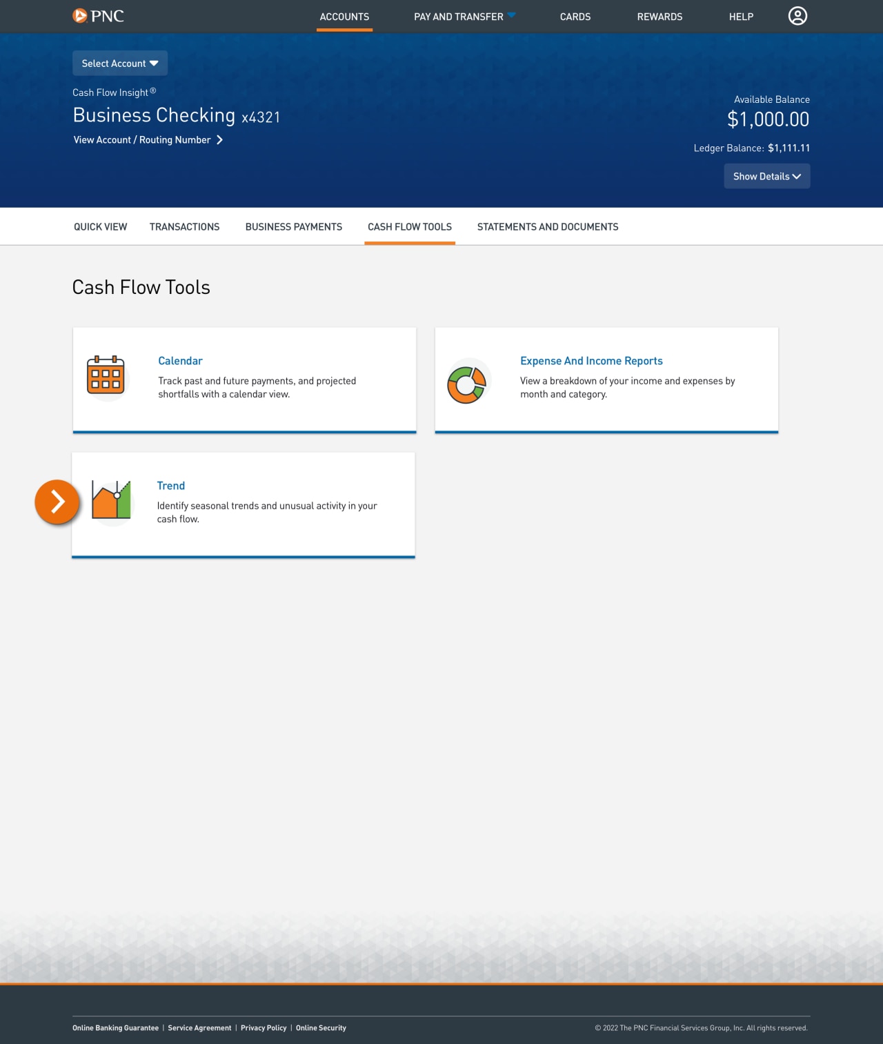 Screenshot of the Cash Flow Tools landing page indicating Trend.