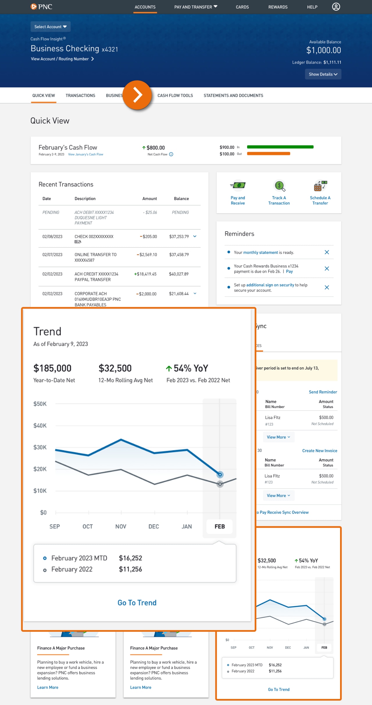 Screenshot of Quick View displaying cash flow with a table and calendar.