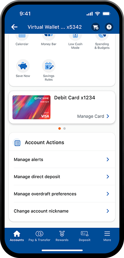 iphone displaying the account actions on the account screen in the pnc mobile app