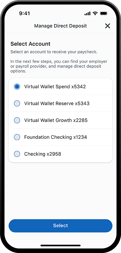 iphone displaying the select account screen for manage direct deposit in the pnc mobile app