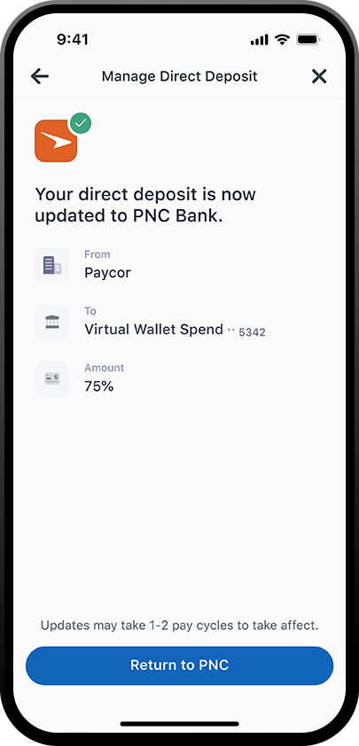 iphone displaying the direct deposit update confirmation screen in the manage direct deposit section of the pnc mobile app