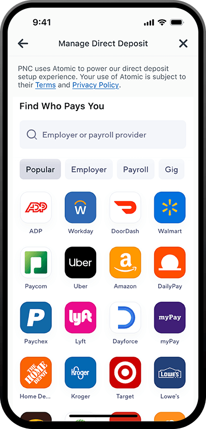 iphone displaying a list of popular payroll providers in the manage direct deposit screen in the pnc mobile app