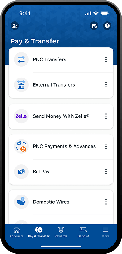 iphone displaying the pay and transfer tab in the pnc mobile app