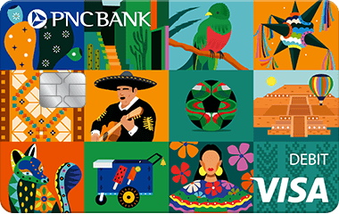 PNC Hispanic Arts Visa Debit Card with 12 tiles of colorfully animated images symbolic of Latin American culture and arts