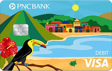 PNC Hispanic Nature Visa Debit Card with colorful animated imagery of a sunny beach with a toucan and flower in the foreground and colorful hacienda-style buildings with mountains in the background