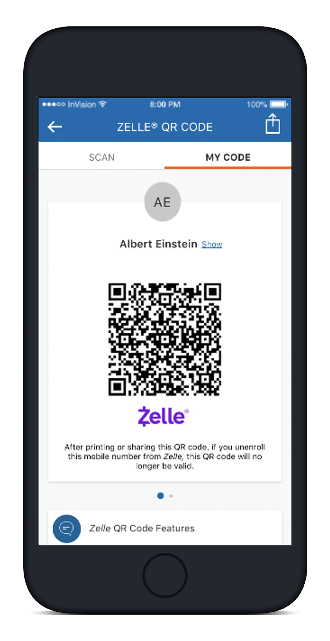 PNC mobile app Zelle QR code screen