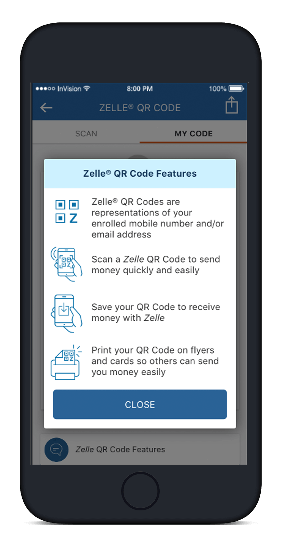 PNC mobile app Zelle QR code features screen