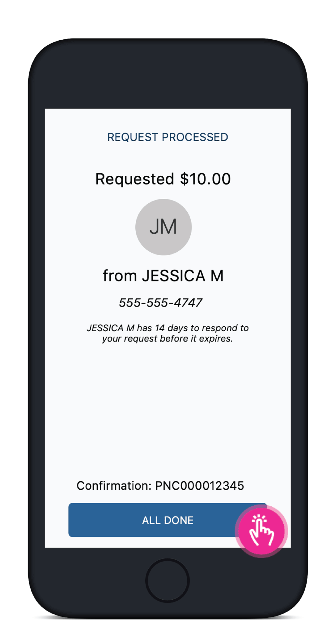 Screenshot of the Request Processed page in the PNC Mobile app with All Done button highlighted