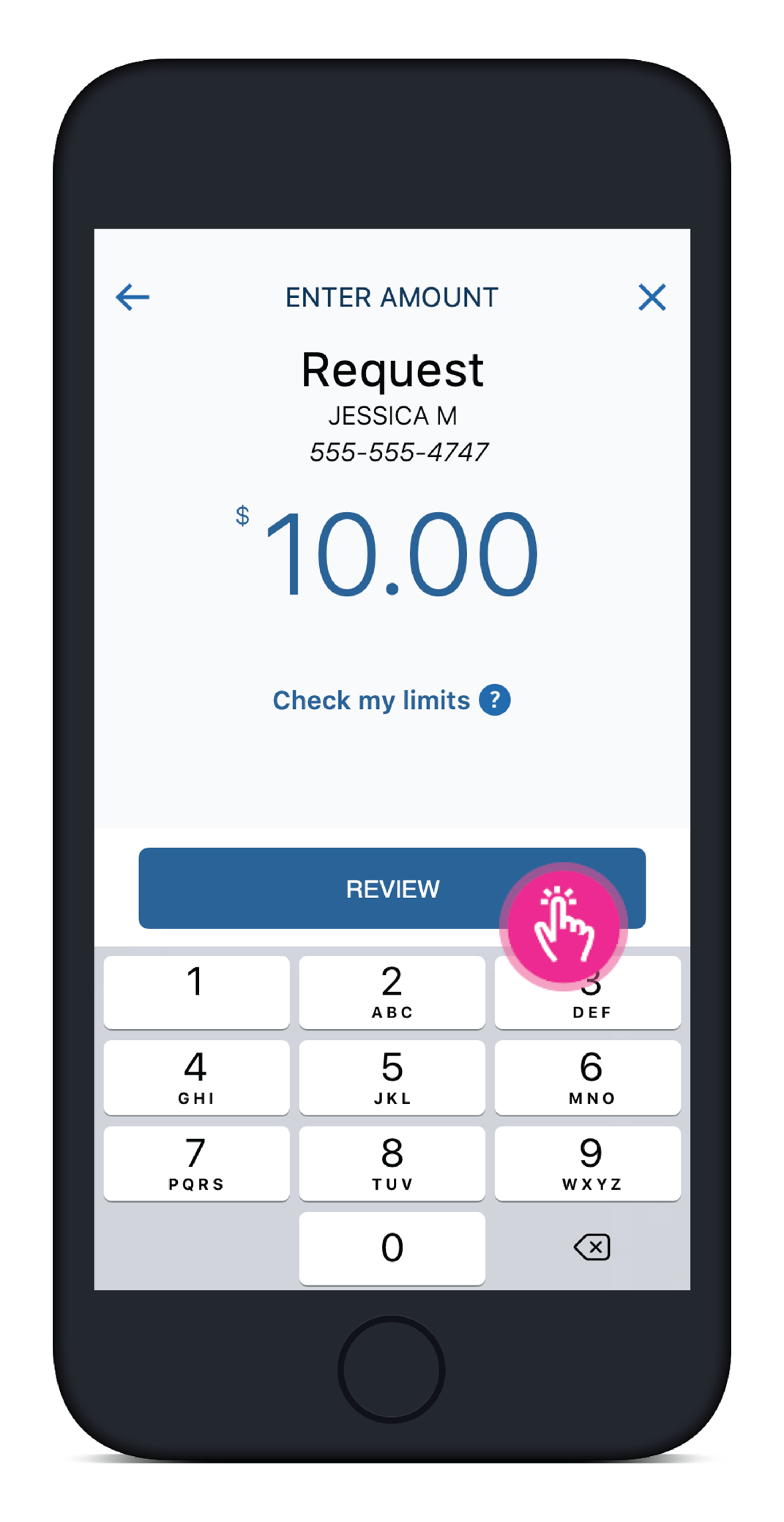 Screenshot of the Enter Amount page in the PNC Mobile app with the Review button highlighted