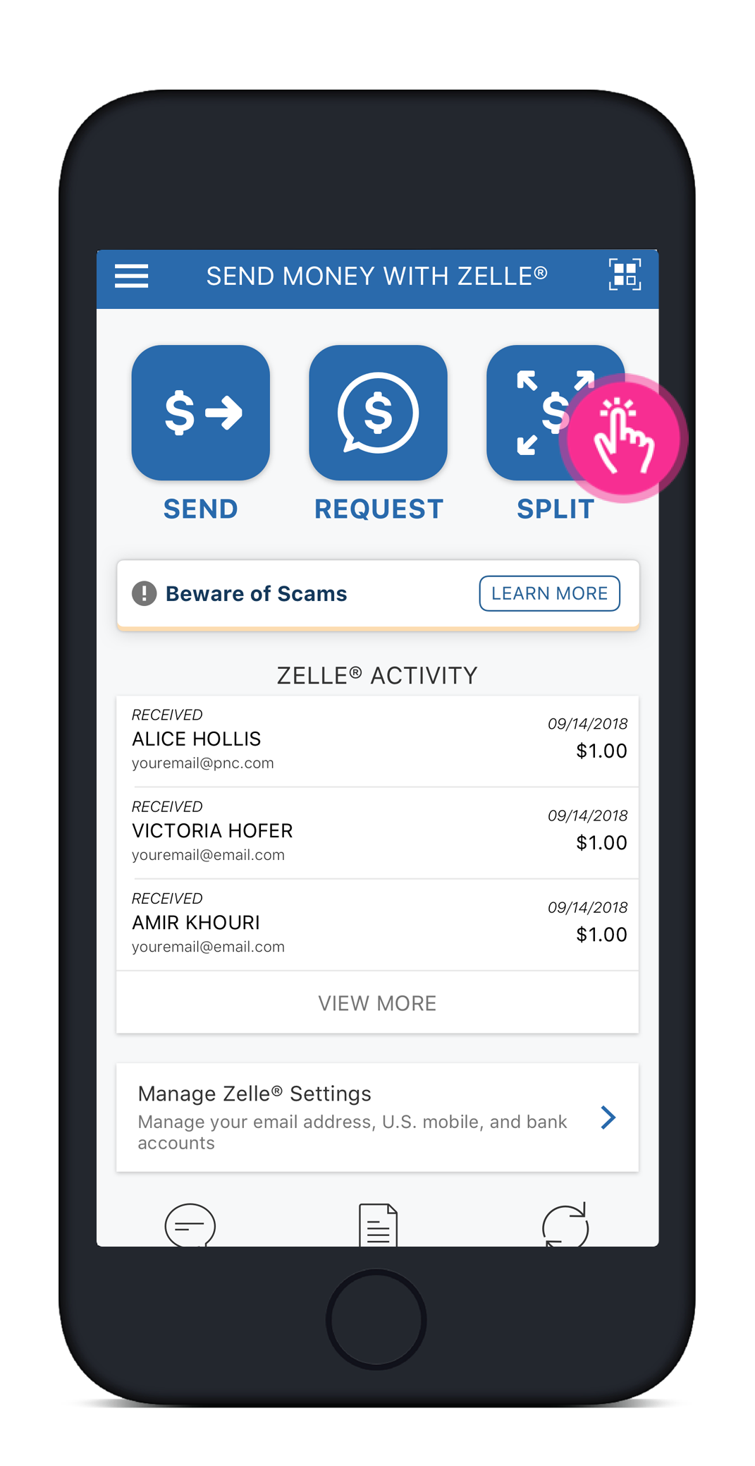 Screenshot of the Send Money with Zelle page in the PNC Mobile app with Split button highlighted