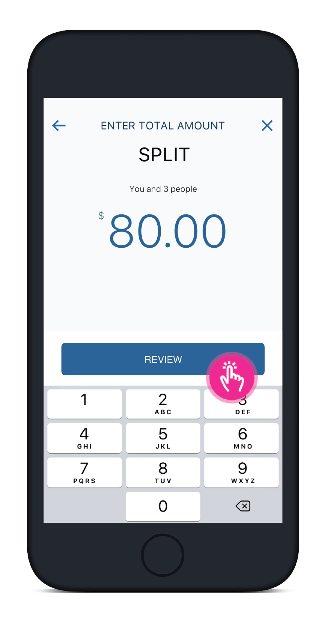 Screenshot of the Split Amount page in the PNC Mobile app with Review button highlighted