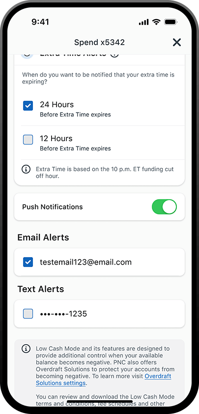 iphone displaying alert options for low cash mode in the pnc mobile app