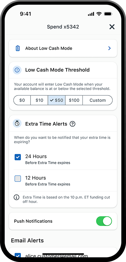iphone displaying the low cash mode threshold screen in the pnc mobile app