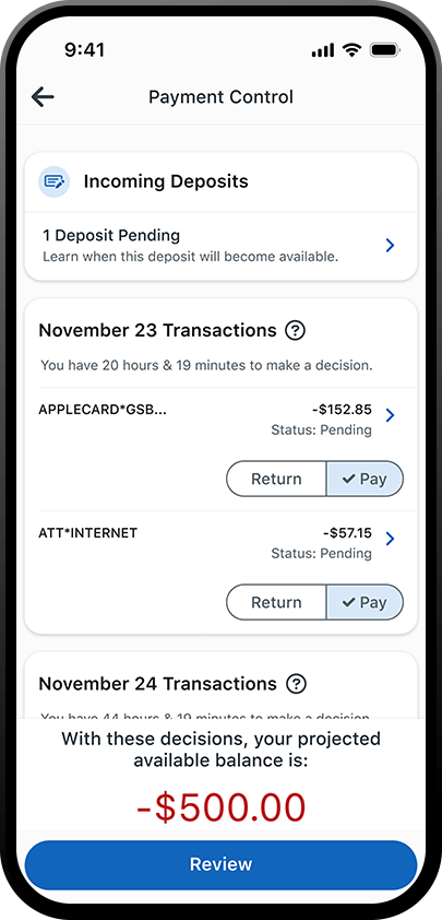 iphone screen displaying the transactions available  for a pay or return decision in low cash mode in the pnc mobile app