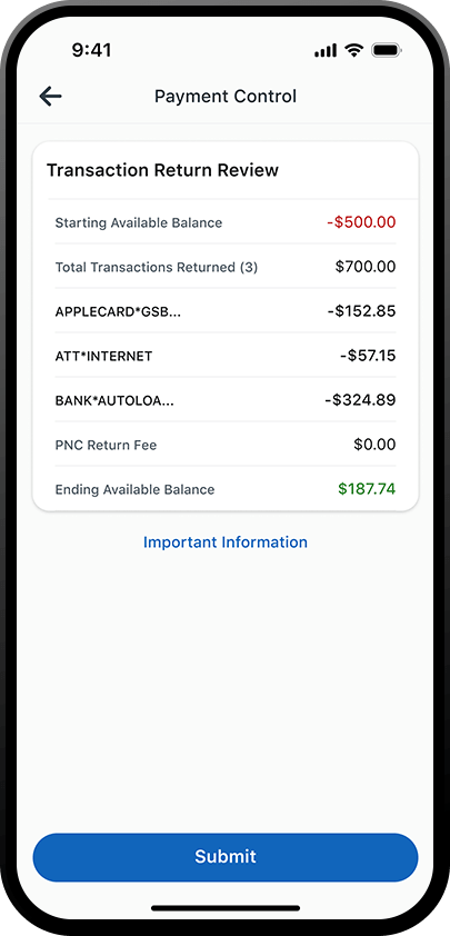iphone displaying the transaction return review for low cash mode in the pnc mobile app