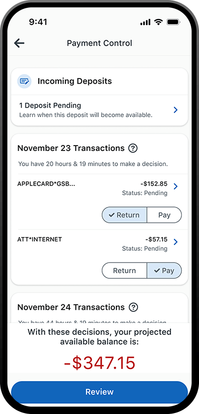 iphone screen displaying transactions to return in low cash mode in the pnc mobile app