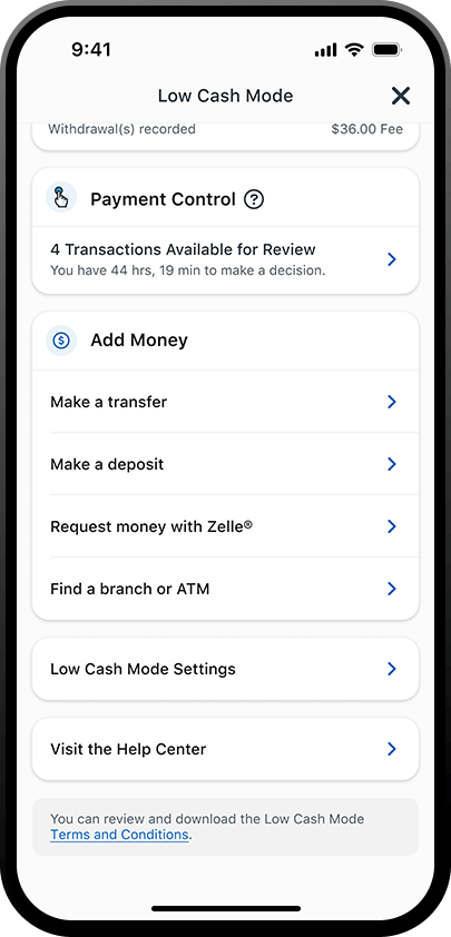 iphone displaying options to fund your account for low cash mode in the pnc mobile app