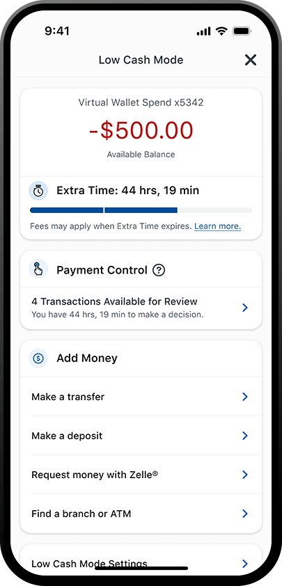 iphone displaying the extra time in low cash mode in the pnc mobile app