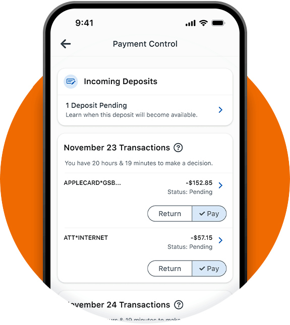 iphone screen displaying the transactions available  for a pay or return decision in low cash mode in the pnc mobile app
