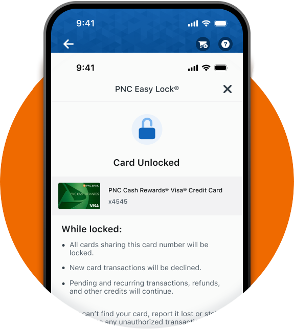 iphone displaying Card Unlocked on the PNC Easy Lock screen of the pnc mobile app
