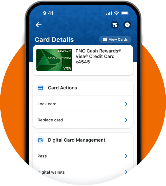 iphone displaying the card details screen with card actions and digital card management buttons in the pnc mobile app