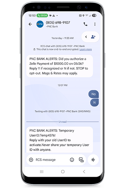 Image of what an actual fraudulent text may look like, appearing to come from PNC. 