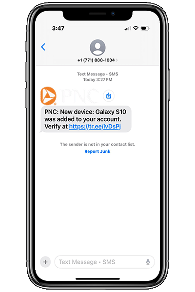 Image of what an actual fraudulent text may look like, appearing to come from PNC. 