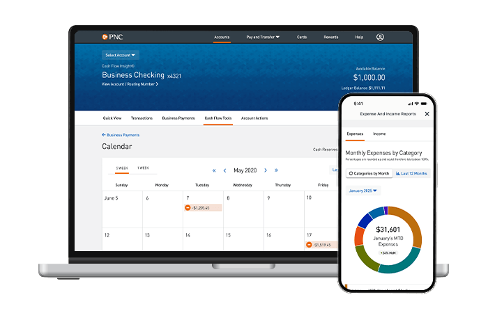 laptop displaying the calendar in pnc online banking. phone displaying expense and income reports screen in the pnc mobile app