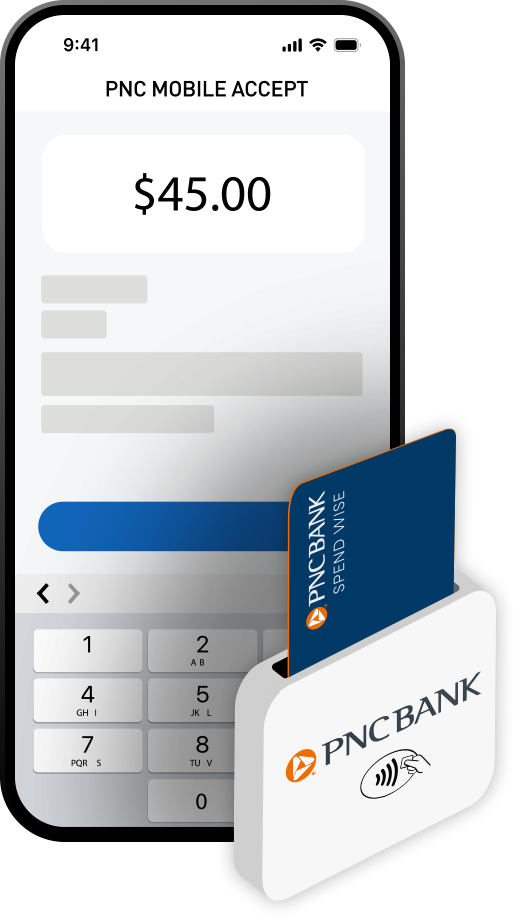 phone displaying pnc mobile accept in the pnc mobile app and the mobile accept card reader