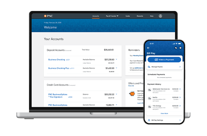 laptop displaying the business accounts screen for pnc online banking. phone displaying bill pay screen in the pnc mobile app