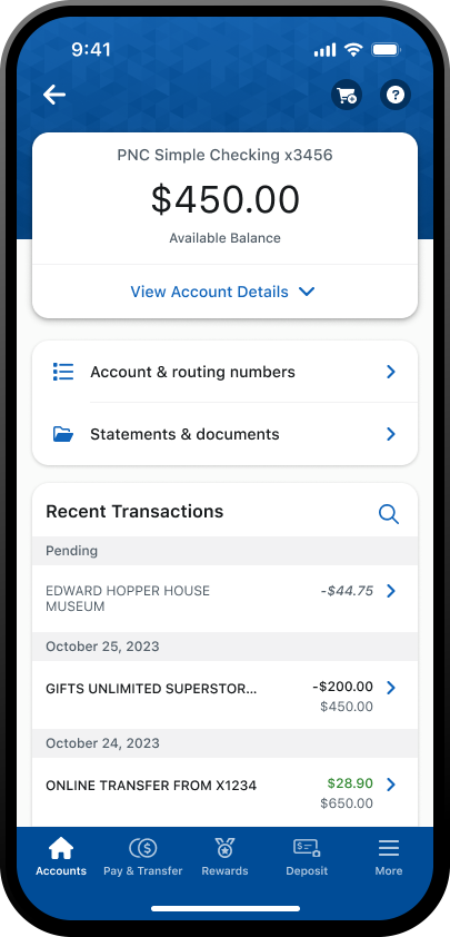 iphone displaying a PNC Simple Checking account on the accounts screen in the pnc mobile app