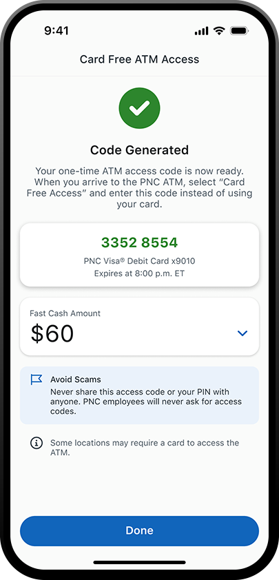 phone displaying a generated code for card free atm access on the pnc mobile app