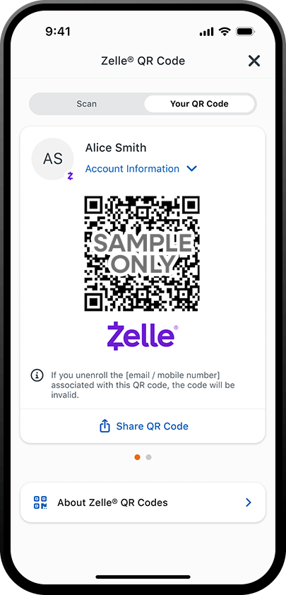 iphone que muestra la pantalla de código QR de Zelle con la pestaña de su código QR resaltada en la aplicación de la banca móvil de PNC