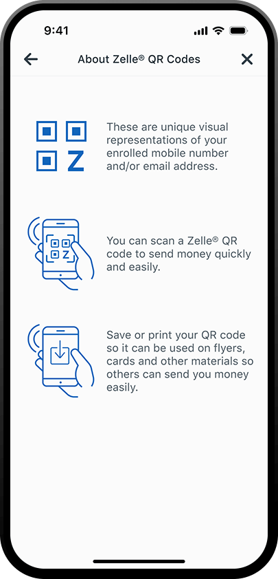 iphone que muestra la pantalla referente a los códigos QR de Zelle en la aplicación de la banca móvil de PNC