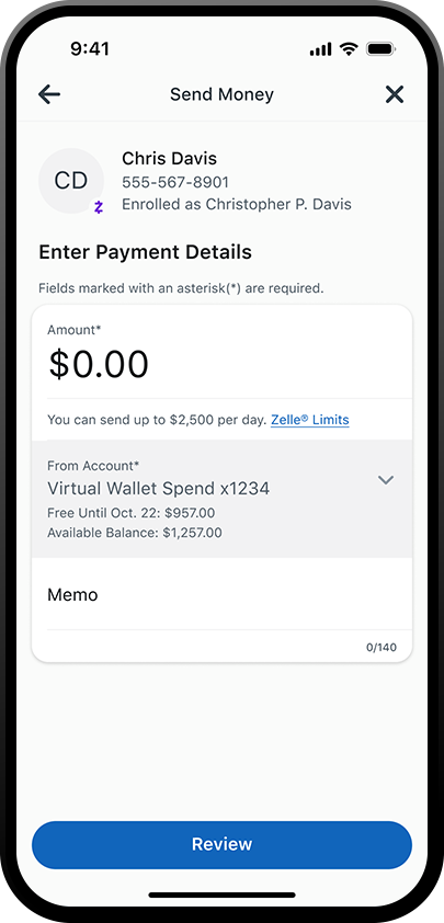 iphone que muestra la pantalla de detalles de pago para enviar dinero con Zelle en la aplicación de la banca móvil de PNC