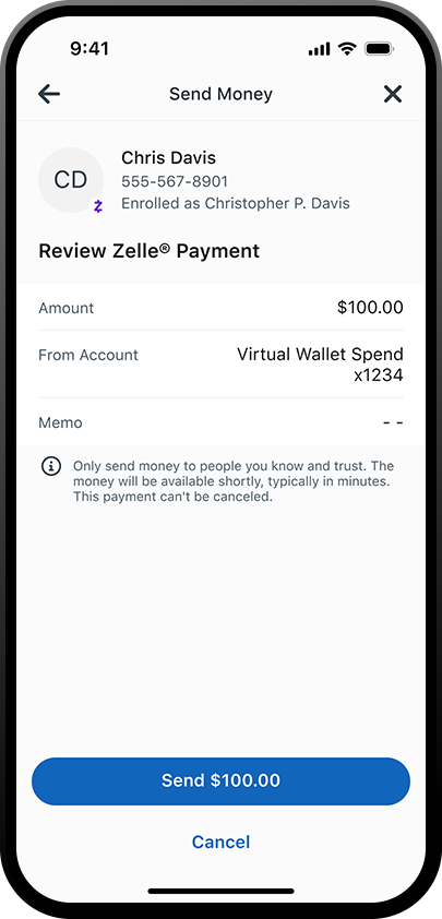 iphone que muestra la pantalla de envío para enviar dinero con Zelle en la aplicación de la banca móvil de PNC