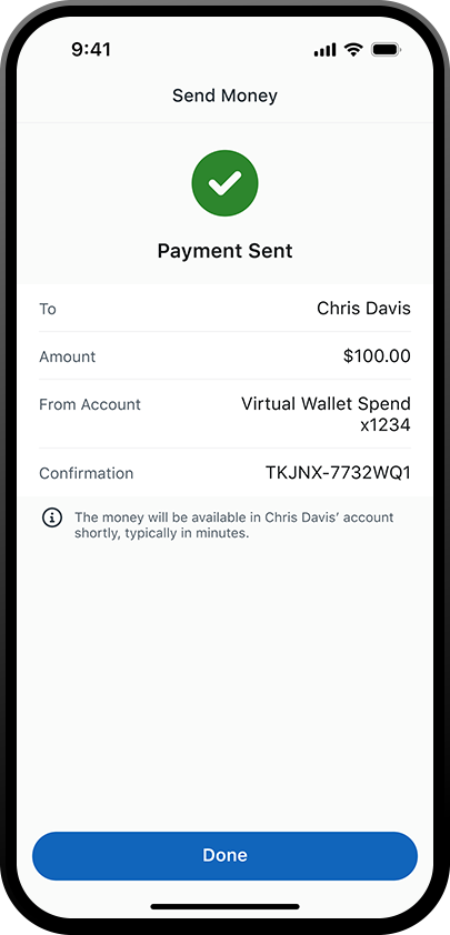 iphone que muestra la pantalla de pago enviado de Zelle en la aplicación de la banca móvil de PNC