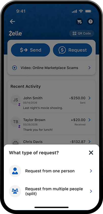 iphone que muestra la página de qué tipo de solicitud en Zelle de la aplicación de la banca móvil de PNC