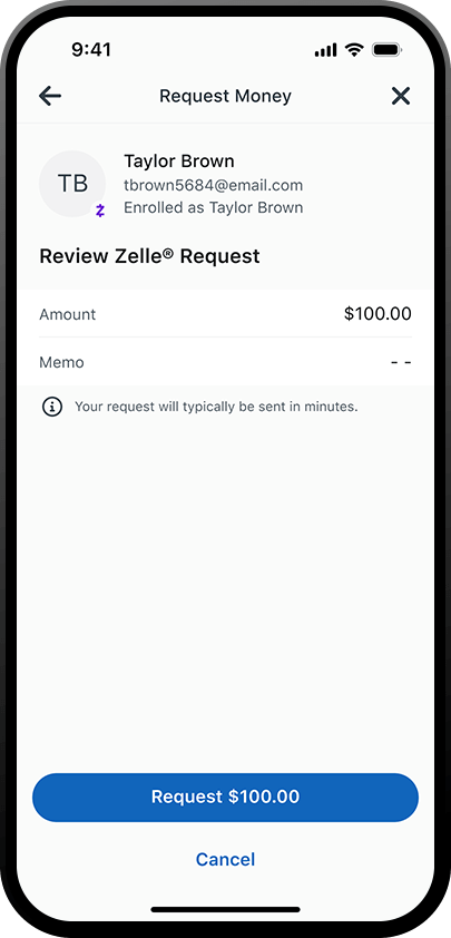 iphone que muestra la pantalla de solicitar dinero con Zelle en la aplicación de la banca móvil de PNC